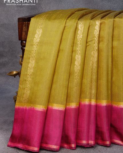 Pure dupion silk saree lime yellow and magenta pink with zari weaves and zari woven butta border
