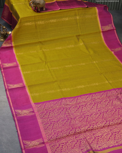 Pure dupion silk saree lime yellow and magenta pink with zari weaves and zari woven butta border
