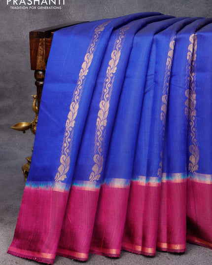 Pure dupion silk saree blue and magenta pink with zari weaves and zari woven butta border