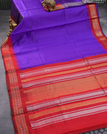 Pure dupion silk saree violet and red with plain body and temple design zari woven border