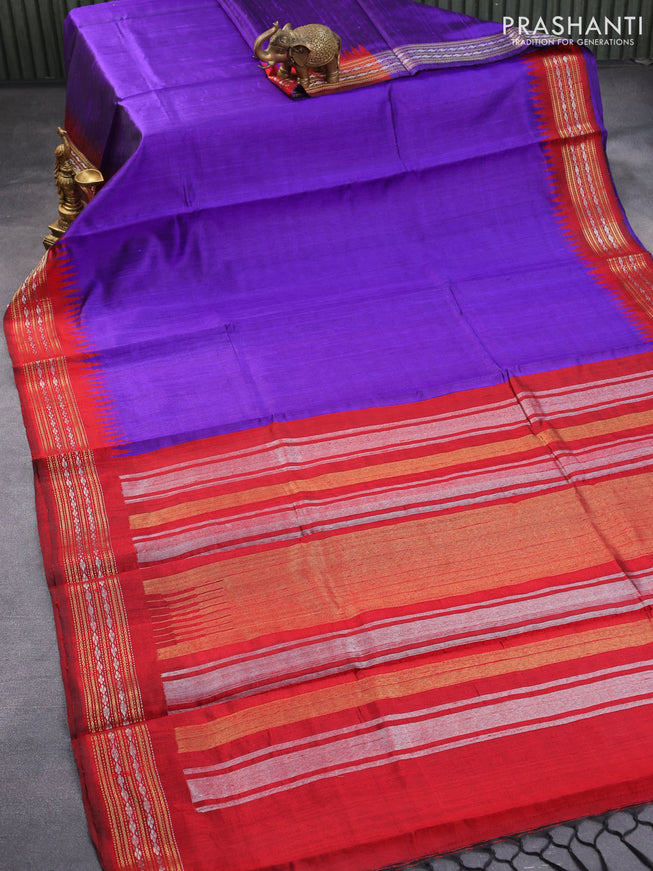 Pure dupion silk saree violet and red with plain body and temple design zari woven border