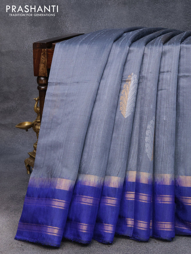 Pure dupion silk saree grey and blue with silver & gold zari woven border and zari woven border