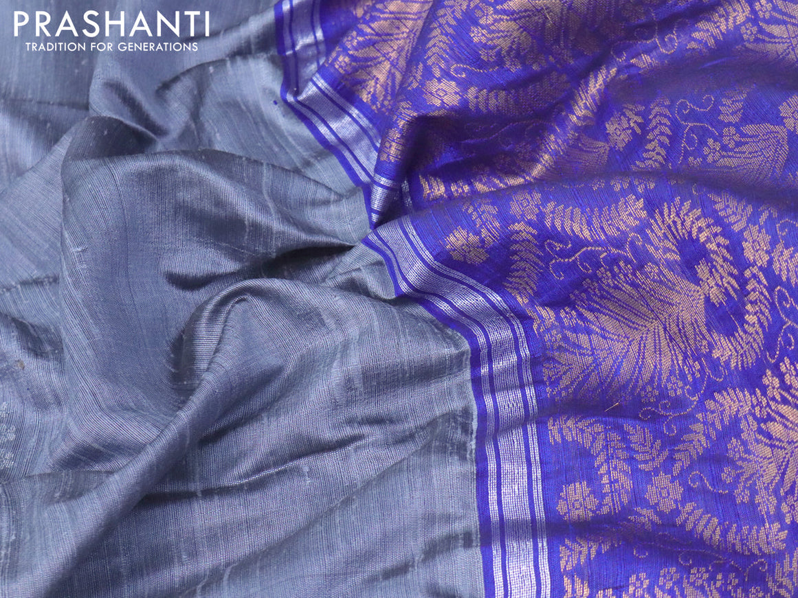 Pure dupion silk saree grey and blue with silver & gold zari woven border and zari woven border