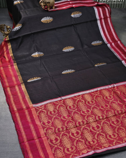 Pure dupion silk saree black and maroon with silver & gold zari woven border and zari woven border