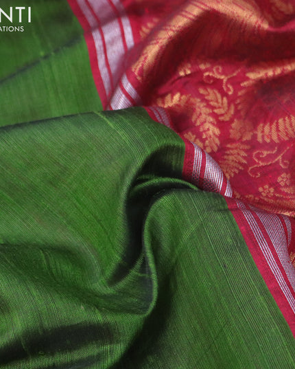 Pure dupion silk saree green and maroon with silver & gold zari woven border and zari woven border