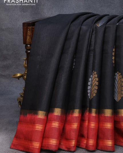 Pure dupion silk saree black and maroon with silver & gold zari woven border and zari woven border