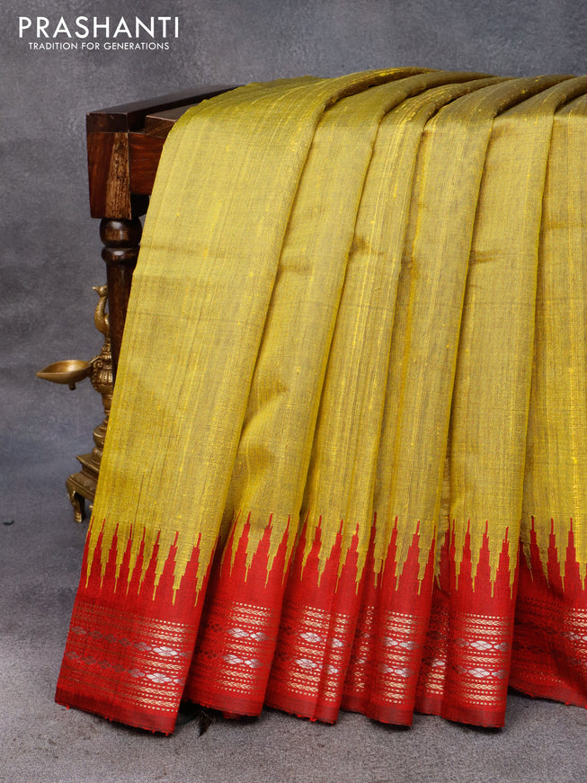 Pure dupion silk saree lime yellow and maroon with plain body and temple design zari woven border