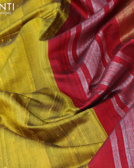 Pure dupion silk saree lime yellow and maroon with plain body and temple design zari woven border