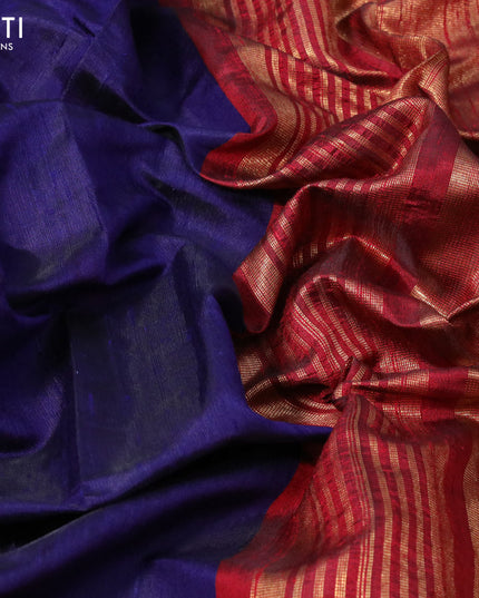 Pure dupion silk saree dark blue and maroon with plain body and temple design zari woven border