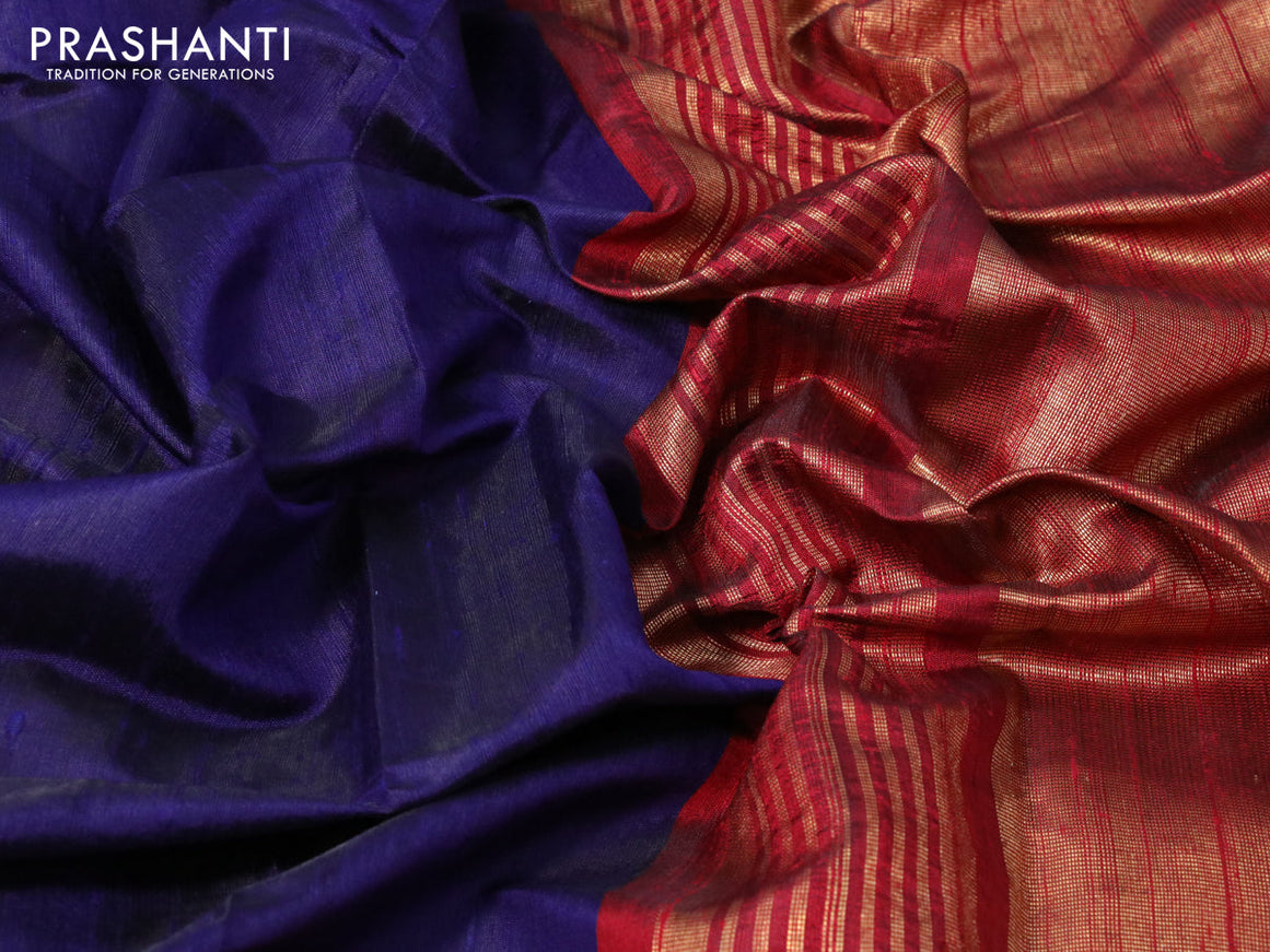 Pure dupion silk saree dark blue and maroon with plain body and temple design zari woven border