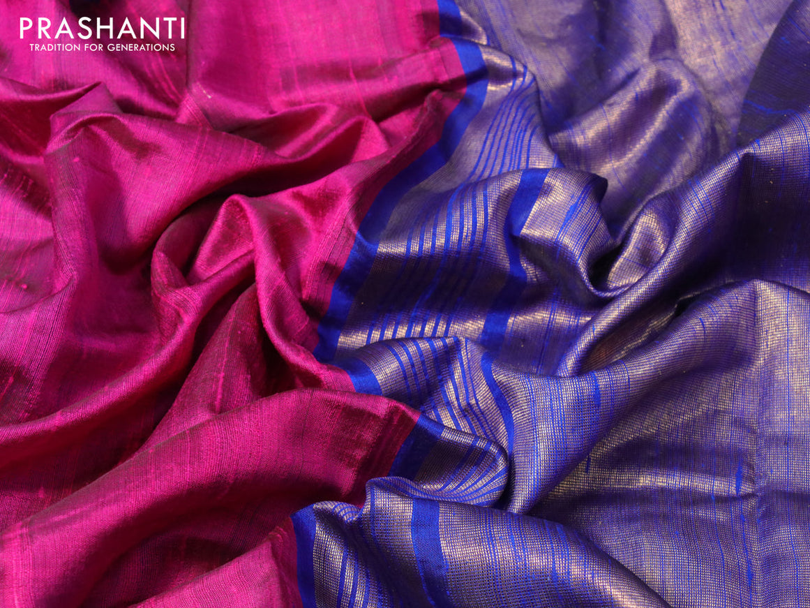 Pure dupion silk saree magenta pink and blue with plain body and temple design zari woven border