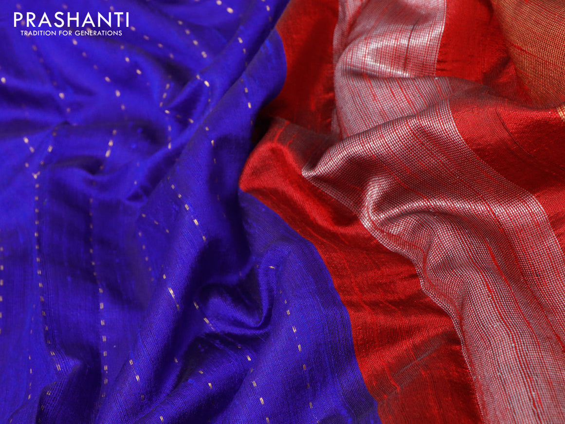 Pure dupion silk saree royal blue and maroon with allover zari weaves and temple woven simple border