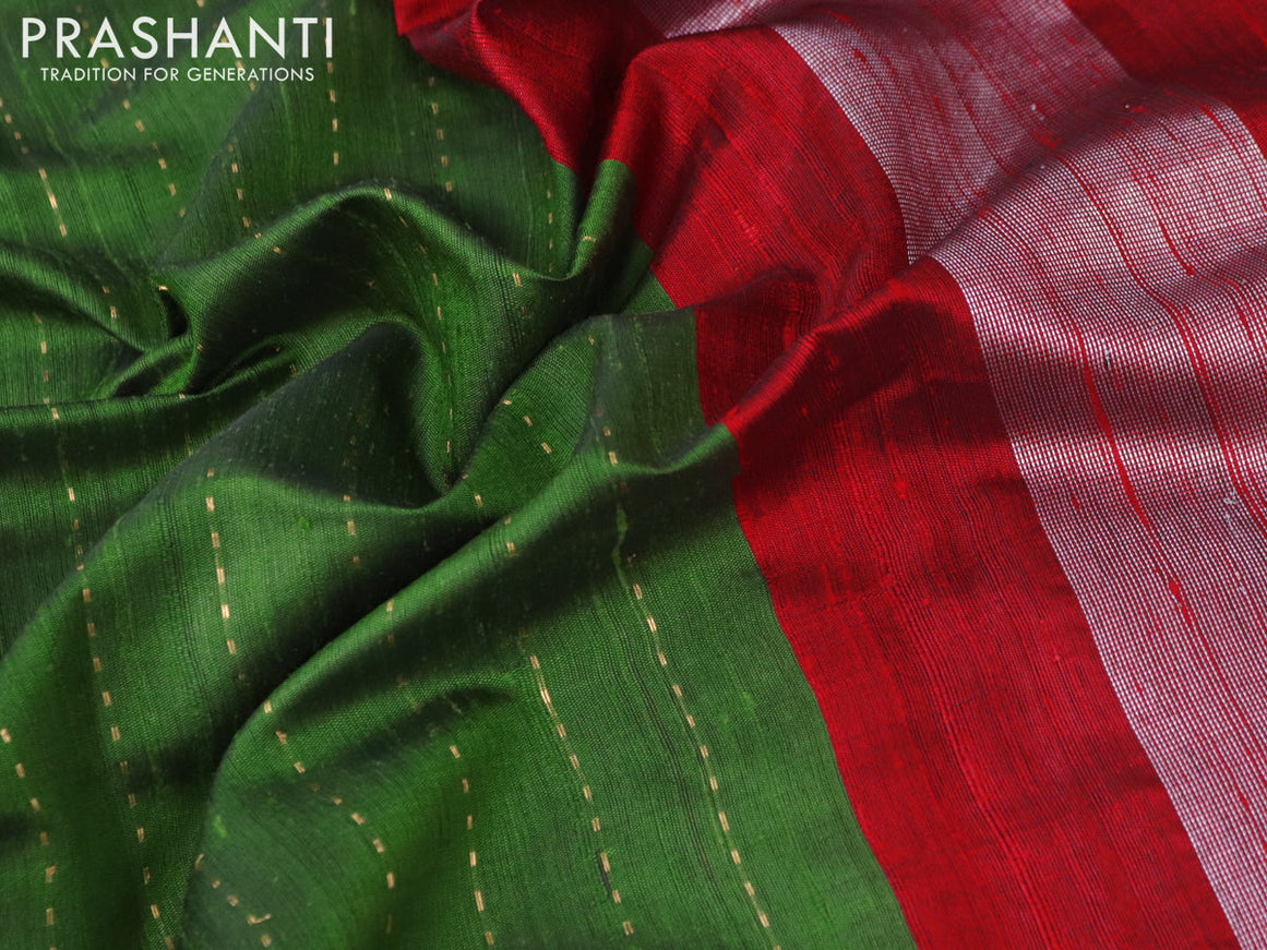 Pure dupion silk saree green and red with allover zari weaves and temple woven simple border