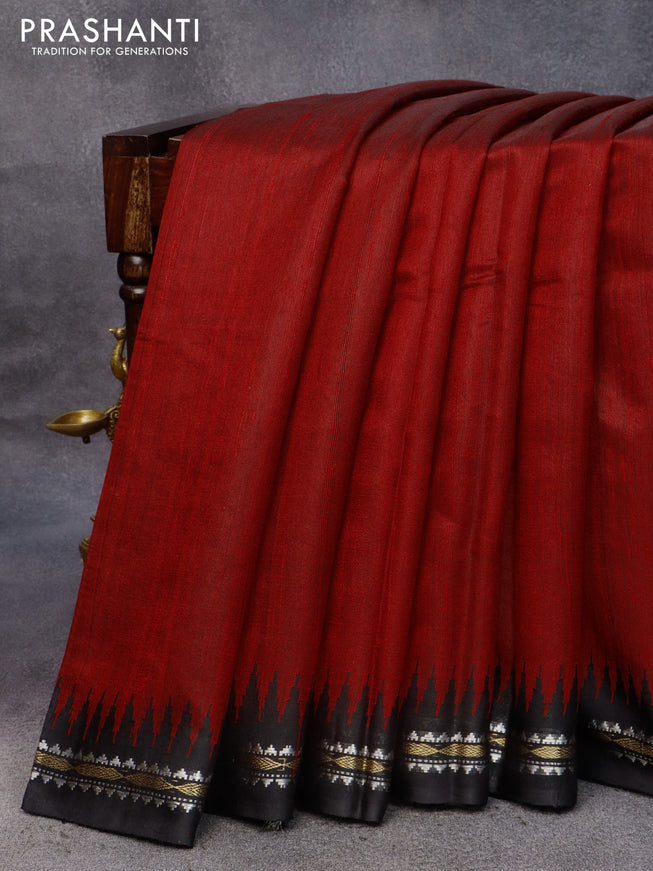 Pure dupion silk saree maroon and black with plain body and temple design zari woven border
