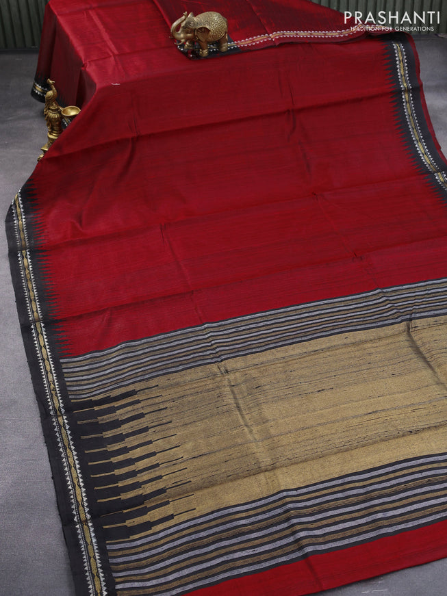 Pure dupion silk saree maroon and black with plain body and temple design zari woven border