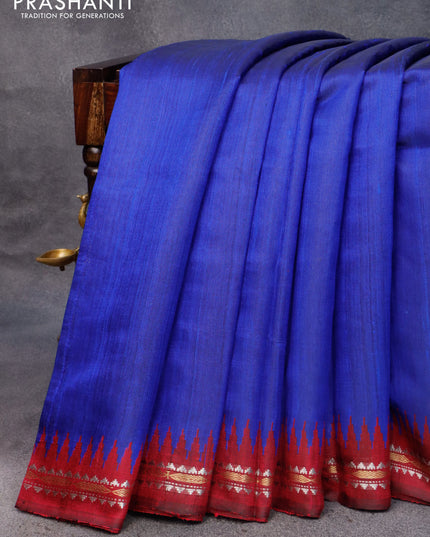 Pure dupion silk saree royal blue and magenta pink with plain body and temple design zari woven border