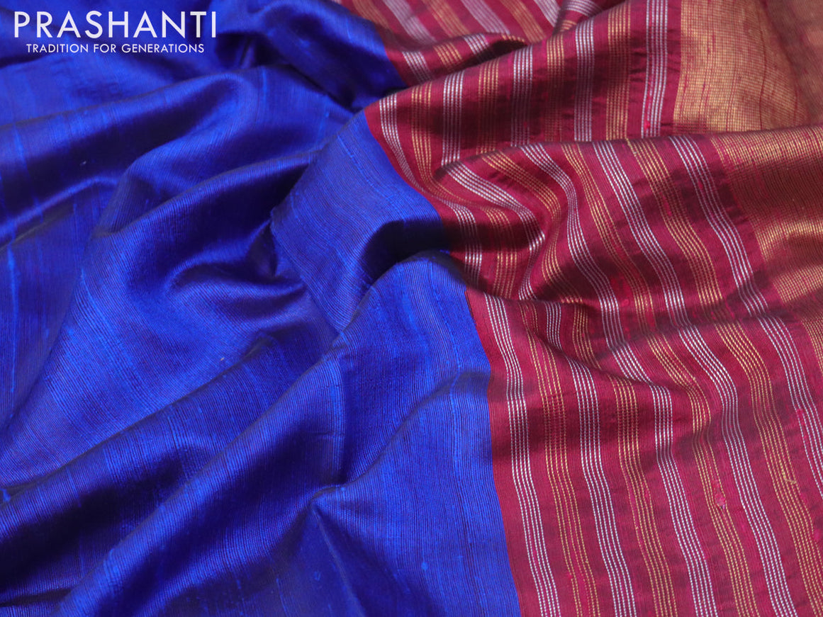 Pure dupion silk saree royal blue and magenta pink with plain body and temple design zari woven border