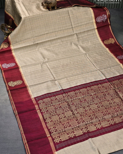 Pure dupion silk saree beige and maroon with allover checked pattern and zari woven butta border