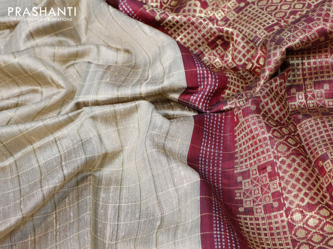 Pure dupion silk saree beige and maroon with allover checked pattern and zari woven butta border
