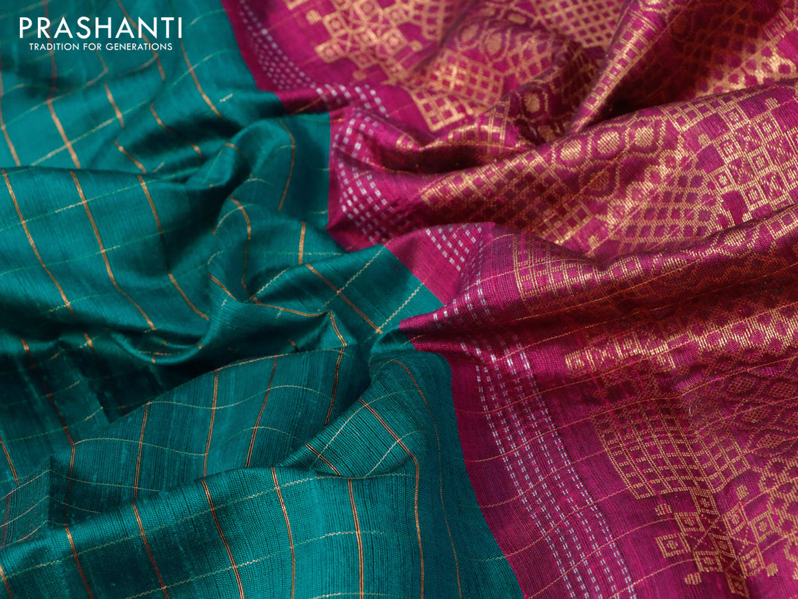 Pure dupion silk saree teal green and magenta pink with allover checked pattern and zari woven butta border