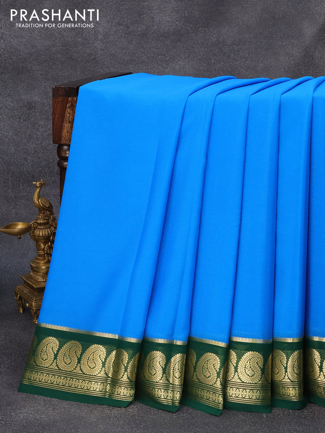 Pure mysore crepe silk saree cs blue and green with plain body and paisley zari woven border
