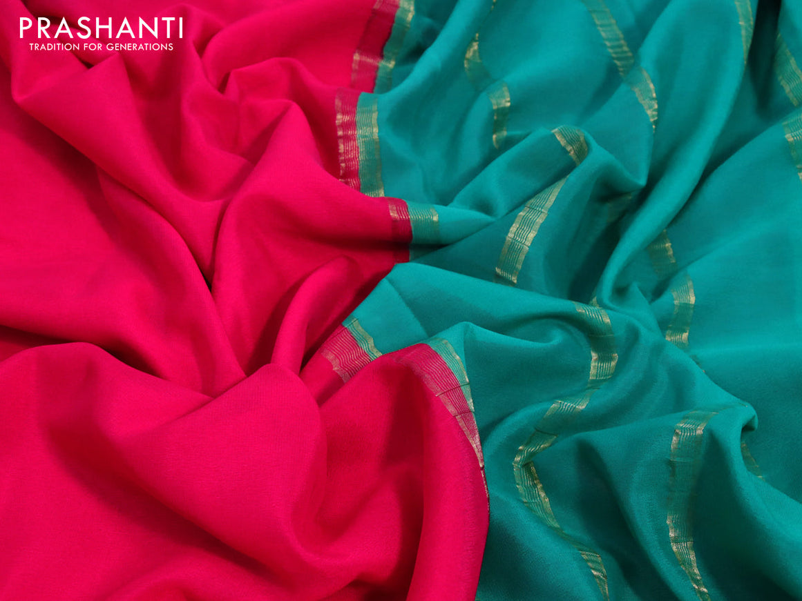 Pure mysore crepe silk saree pink and teal green with plain body and paisley zari woven border