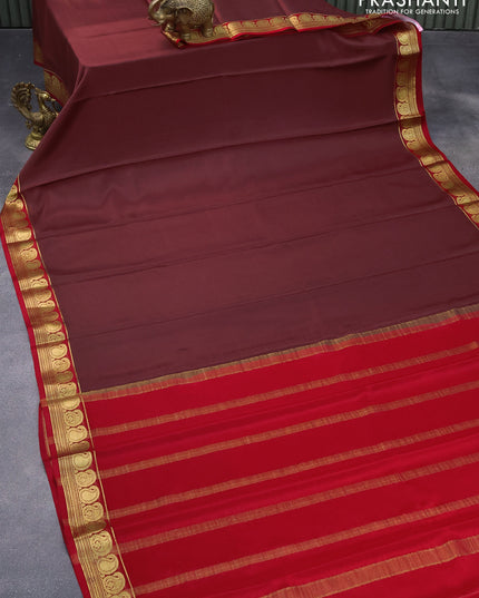 Pure mysore crepe silk saree brown and maroon with plain body and paisley zari woven border