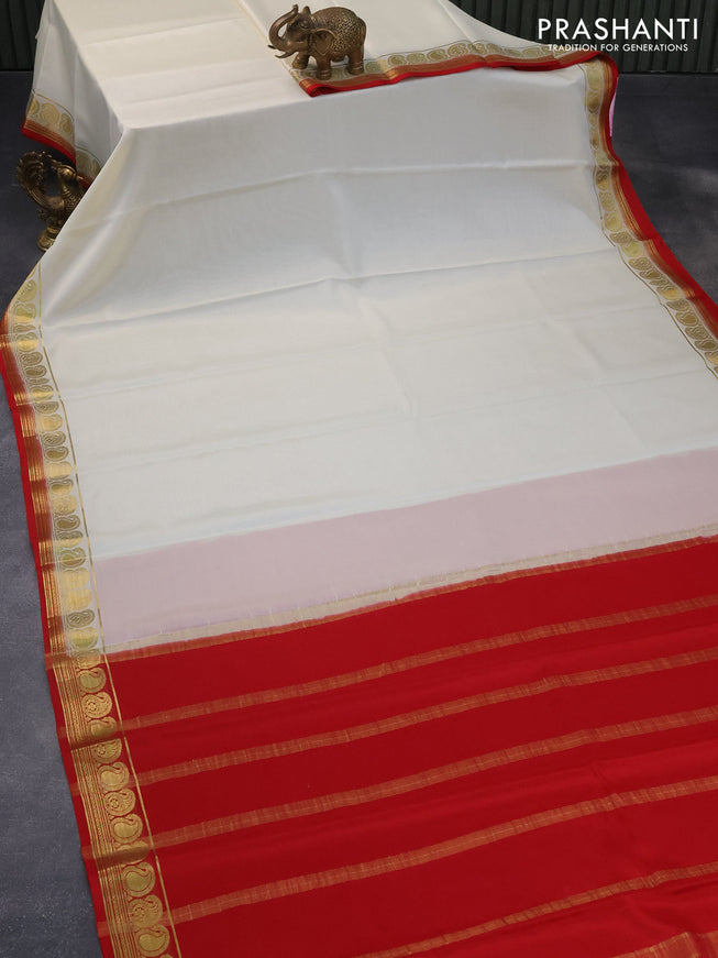 Pure mysore crepe silk saree off white and red with plain body and paisley zari woven border