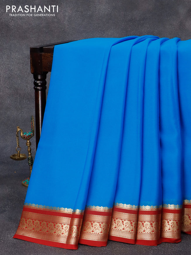Pure mysore crepe silk saree cs blue and maroon with plain body and annam zari woven border