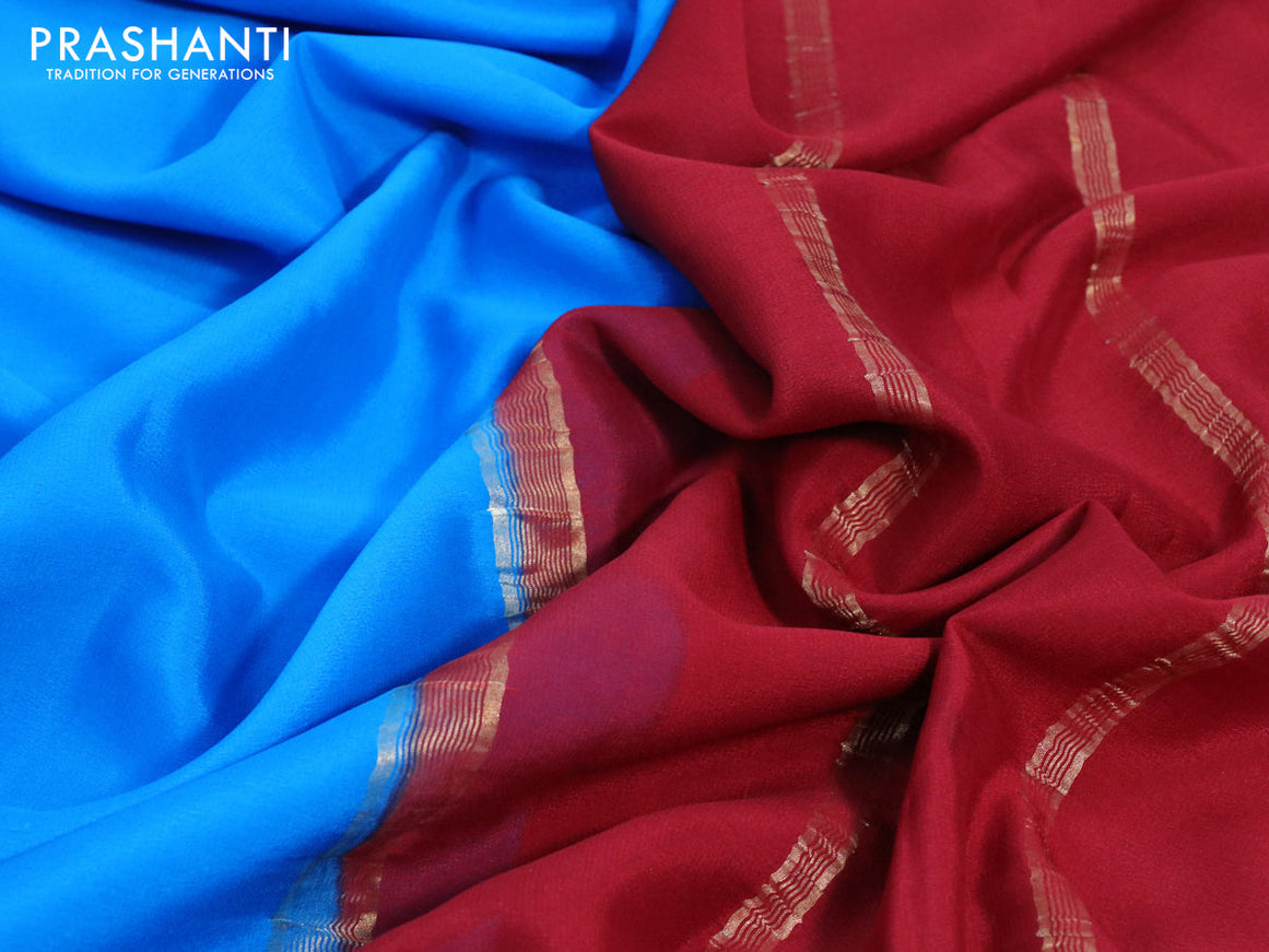 Pure mysore crepe silk saree cs blue and maroon with plain body and annam zari woven border