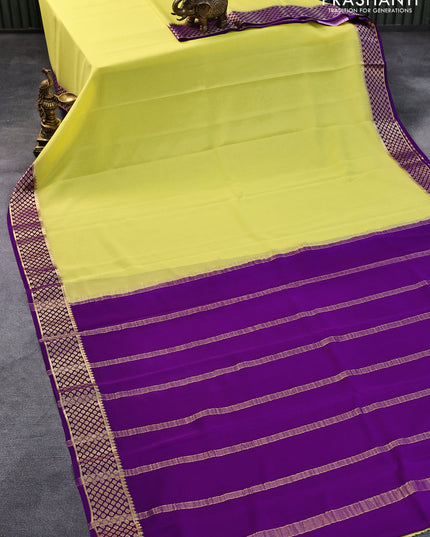 Pure mysore crepe silk saree pale yellow and purple with plain body and zari woven border
