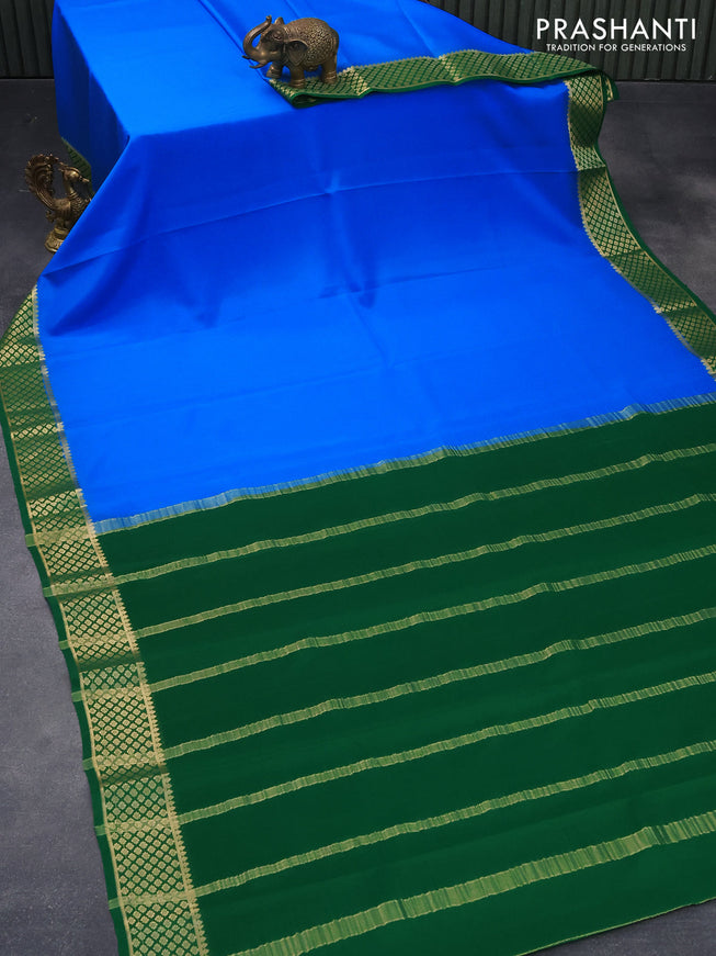 Pure mysore crepe silk saree blue and green with plain body and zari woven border
