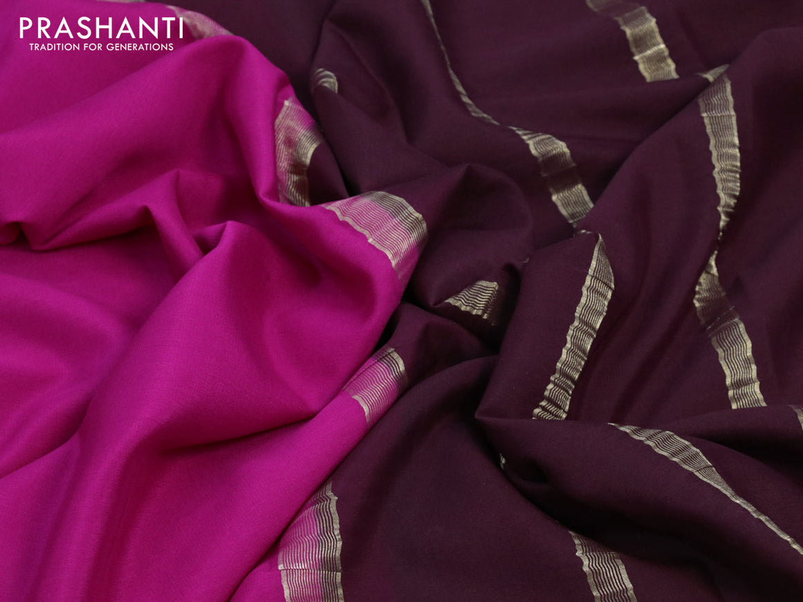 Pure mysore crepe silk saree magenta pink and coffee brown with plain body and zari woven border