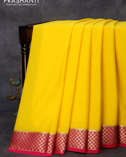 Pure mysore crepe silk saree yellow and pink with plain body and zari woven border