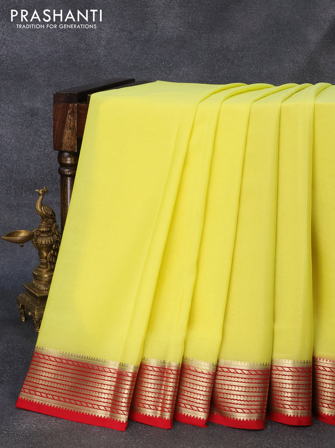 Pure mysore crepe silk saree pale yellow and red with plain body and zari woven border