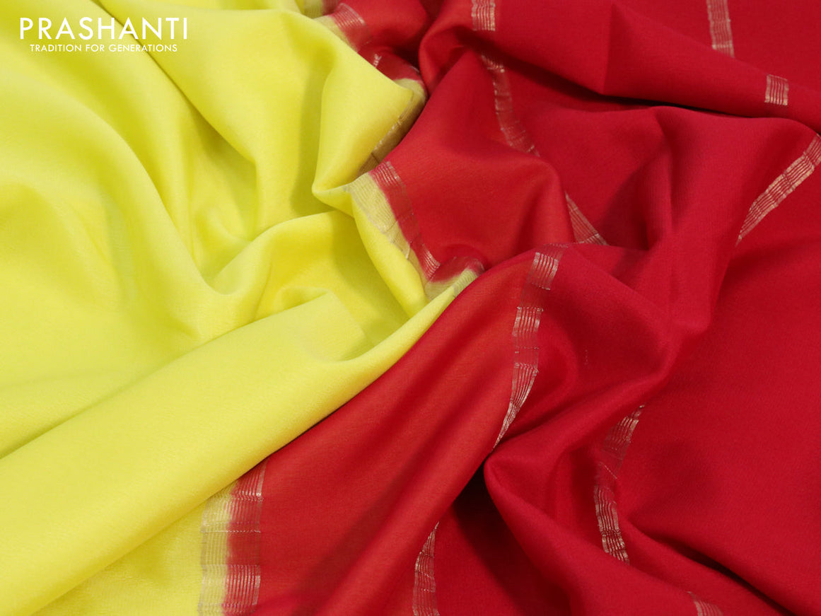 Pure mysore crepe silk saree pale yellow and red with plain body and zari woven border