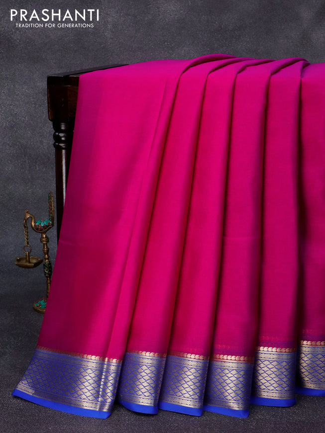 Pure mysore crepe silk saree pink and royal blue with plain body and zari woven border