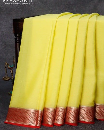 Pure mysore crepe silk saree lime yellow and red with plain body and zari woven border
