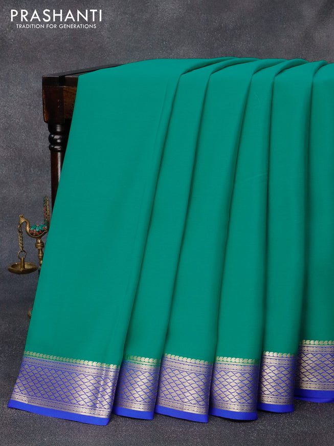 Pure mysore crepe silk saree teal green and royal blue with plain body and zari woven border