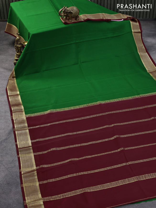 Pure mysore crepe silk saree green and maroon with plain body and zari woven border