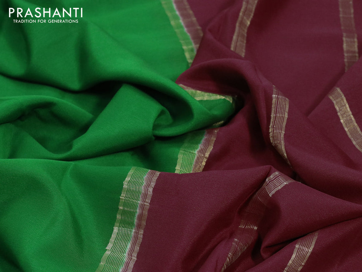Pure mysore crepe silk saree green and maroon with plain body and zari woven border