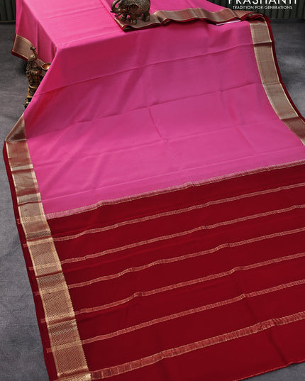 Pure mysore crepe silk saree pink and maroon with plain body and zari woven border
