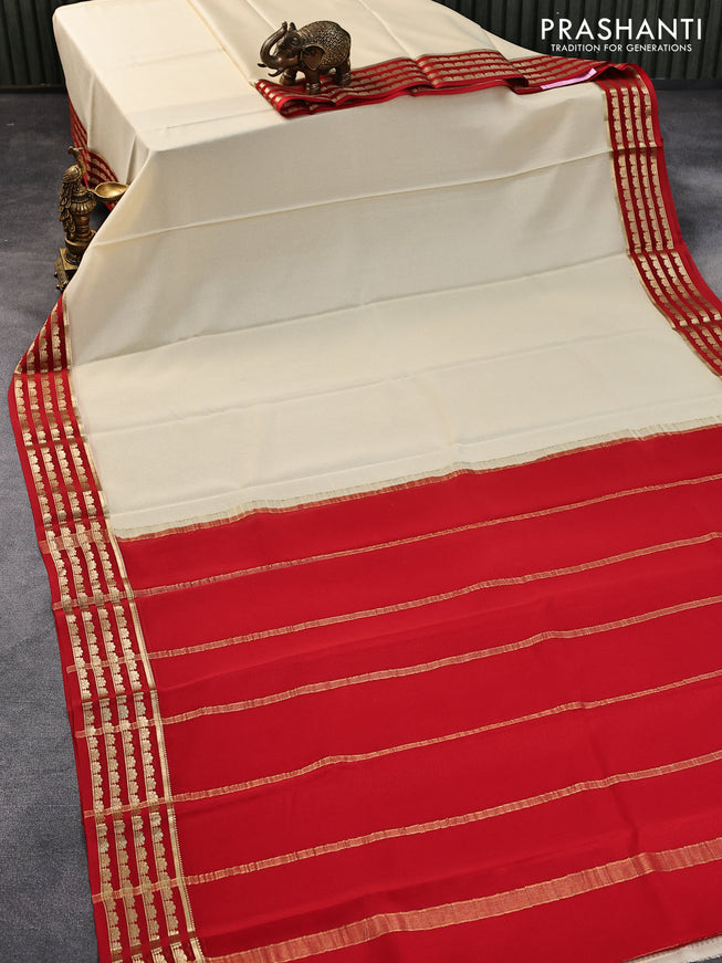 Pure mysore crepe silk saree cream and red with plain body and zari woven border