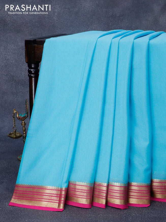 Pure mysore crepe silk saree light blue and pink with plain body and zari woven border