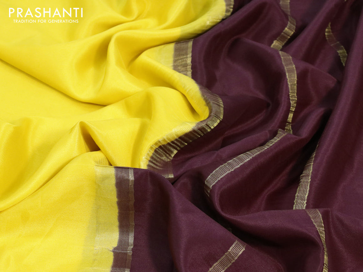 Pure mysore crepe silk saree yellow and brown with plain body and zari woven border