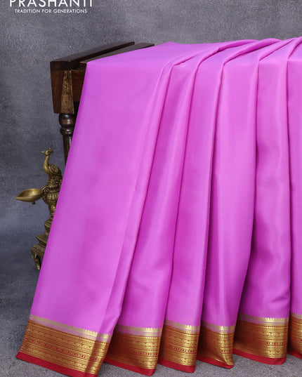 Pure mysore crepe silk saree lavender shade and red with plain body and zari woven border