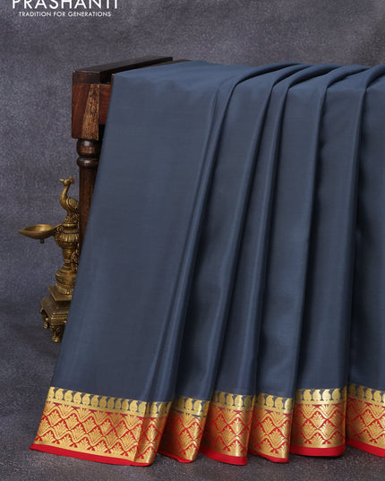 Pure mysore crepe silk saree dark grey and red with plain body and zari woven border
