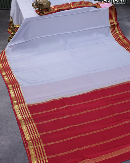Pure mysore crepe silk saree pastel grey and maroon with plain body and zari woven border
