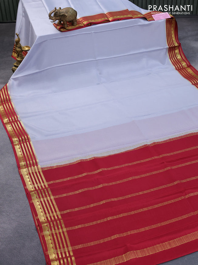 Pure mysore crepe silk saree pastel grey and maroon with plain body and zari woven border