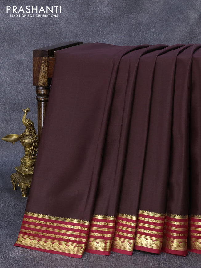 Pure mysore crepe silk saree coffee brown and maroon with plain body and zari woven border